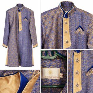 Men’s Blue & Gold Embroidered Kurta Indian Formal Size 42 EUC